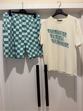 Louis Vuitton Cream Tee and Teal Check Shorts Set